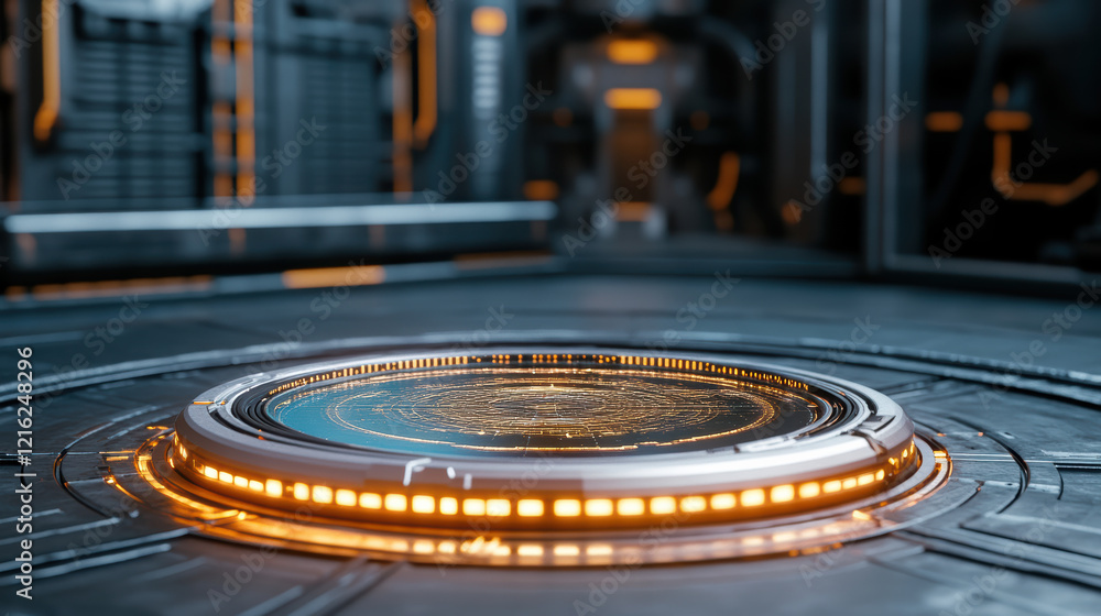 Poster futuristic shield with holographic display in sci fi environment