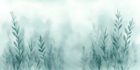 Misty Teal Botanical Watercolor Painting: Elegant Leaves and Serene Background with Soft, Dreamy Atmosphere.