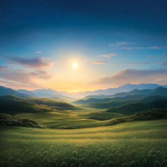 Obraz premium Serene Sunset Over Rolling Hills and Rice Paddies