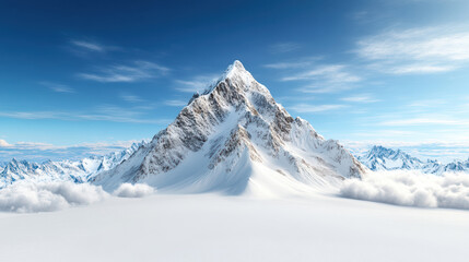 snowy mountain peak rises majestically against clear blue sky, evoking tranquility