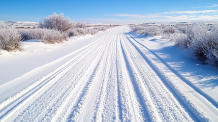 snow covered road leads through serene winter landscape, flanked by frosted shrubs