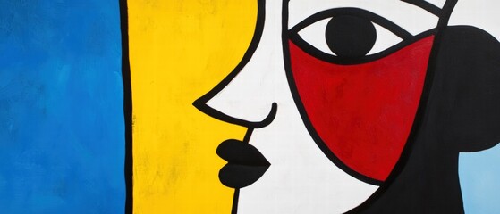 Face, abstraction and vibrant colors in modern artwork inspired by cubism showcasing creativity and emotion in contemporary interior design. Art, expression and style.