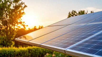 Solar panels reflecting sunlight during beautiful sunset in garden