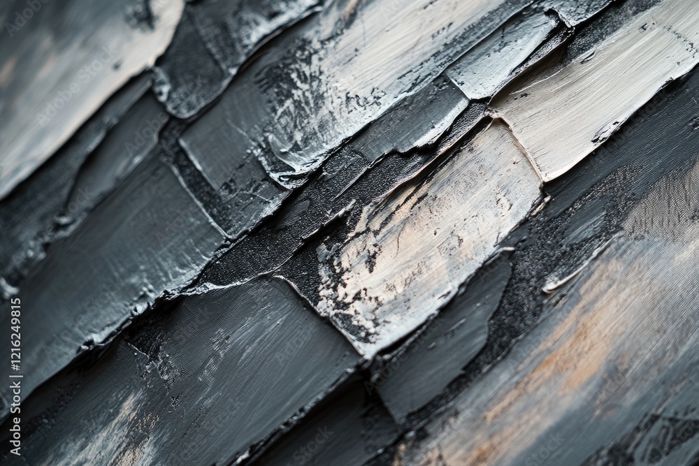 Poster abstract art showcasing thick, textured layers of dark gray and beige paint, creating a dynamic visu