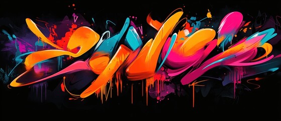 Fototapeta premium Colorful graffiti art on a black wall showcasing vibrant street art culture, creativity, and urban expression with abstract designs and contemporary aesthetics.