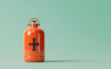 Red plastic gas canister with a cross sign on a soft green background, 3D rendering illustration. 