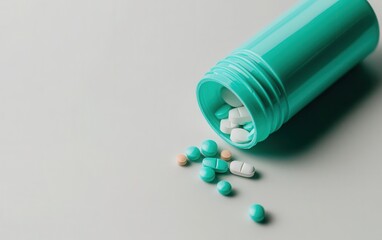 Turquoise and white capsule pills spilling out of the bottle on a soft gray background, top view, high resolution, realistic detail. No shadows, minimalistic style. 