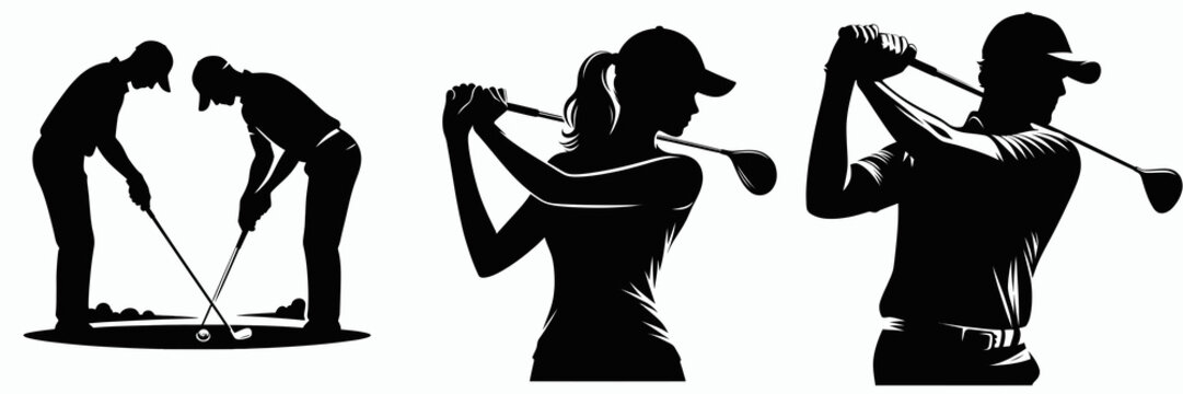 Silhouettes of golfers demonstrating techniques, including a teaching moment and a powerful swing, emphasizing skill development in the sport. - Powered by Adobe