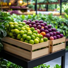 Fresh Limes and Plums in Wooden Crates at a Farmers Market