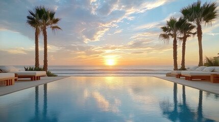 serene sunset reflection on pool with palm trees and ocean view