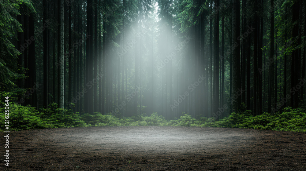 Poster serene forest clearing with mist and sunlight filtering through trees