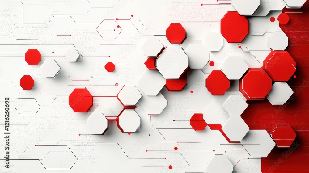 Wall mural abstract red and white hexagons pattern background.