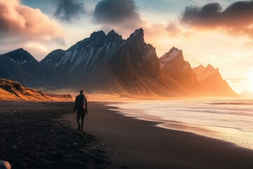 Obraz premium A lone hiker walks along a black sand beach at sunset, majestic mountains silhouetted against a vibrant sky.