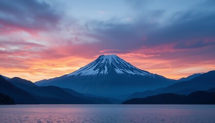 Stunning Sunrise over Majestic Mountain Peak Reflected in Calm Lake Waters