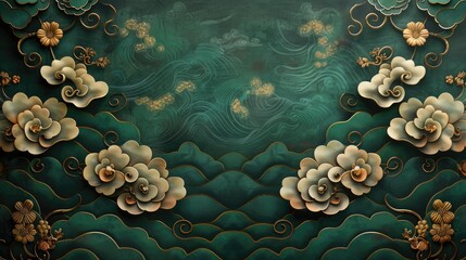 A decorative design featuring stylized flowers and waves in a harmonious color palette.