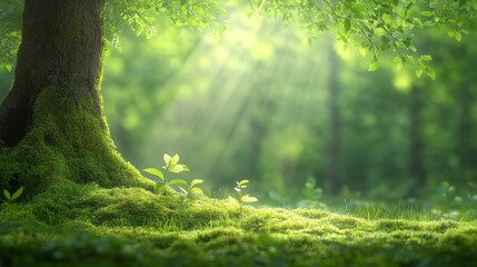 Serene Forest Scene with Mossy Tree Base and Sunbeams