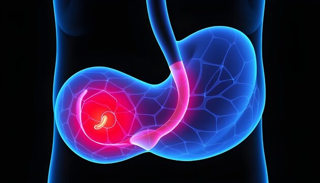 Digital illustration of the human stomach, featuring blue lines outlining its structure. The pyloric sphincter is highlighted with a red glow.