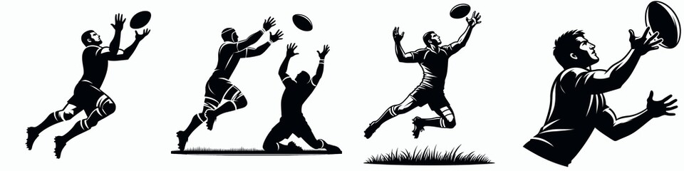 Four stylized silhouettes of players catching a football, showcasing dynamic movements and athleticism in a sports setting.