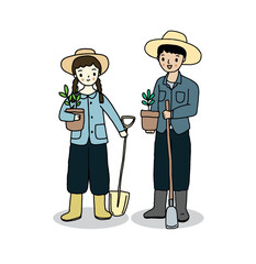 Girl and boy farmer character, hand drawn style vector illustration