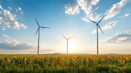 wind farm stands tall amidst vibrant field of sunflowers under bright sky