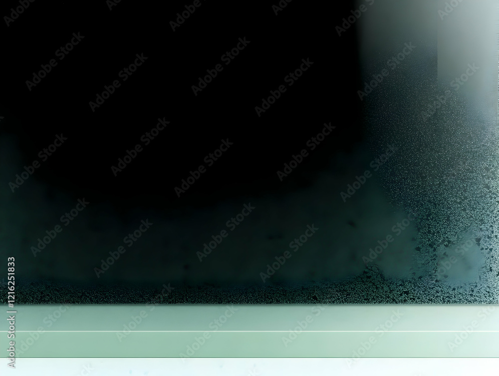 Poster dark abstract background with frosted glass texture and shelf below gently illuminated.