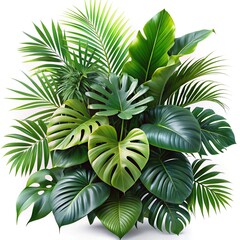Tropical foliage, lush green leaves, monstera deliciosa, palm fronds, botanical arrangement, vibrant jungle plants, exotic flora, isolated on white background
