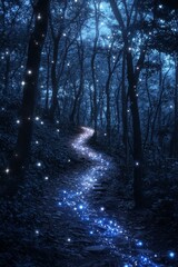 Fototapeta premium A mystical starry path winding through a dense, enchanted forest, with glowing stars lighting the way amidst towering, shadowy trees. -