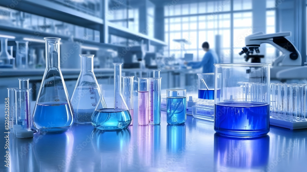 Poster laboratory glassware filled with colorful liquids stands on table in modern lab with scientist in ba