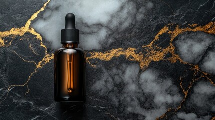 Elegant amber glass dropper bottle on dark marble background