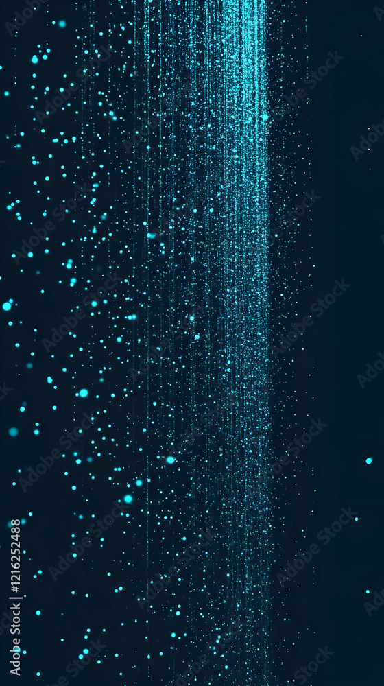 Poster abstract background with glowing blue particles flowing downward on a dark backdrop