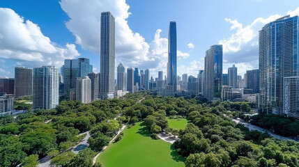 Fototapeta premium Aerial view of vibrant urban area with skyscrapers and green park