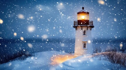 Lighthouse in snowy winter scene, light shines brightly. Perfect for winter, hope, guidance concepts, evokes feelings of warmth and safety.