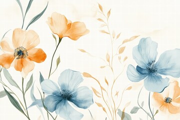 Obraz premium Blooming flowers in soft watercolor style featuring orange and blue petals, ideal for spring decor, art prints, invitations, and floral-themed designs.
