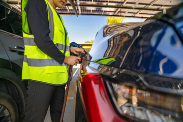 Engineer in safety vest and helmet pointing towards a solar powered carport, illustrating...