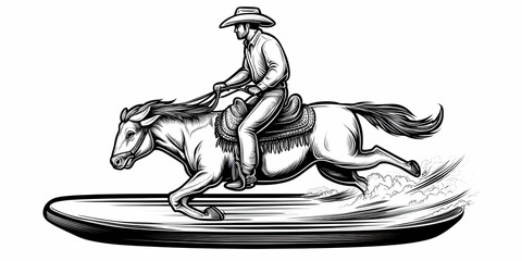 Cowboy Rides Horse Through Water in Dynamic Western Illustration