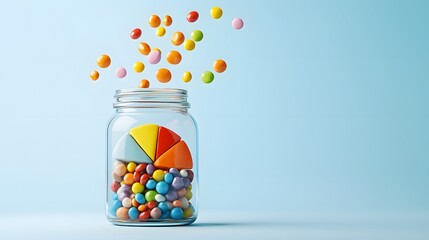 Colorful candy jar with whimsical pie chart digital studio 3d render playful environment top view fun concept