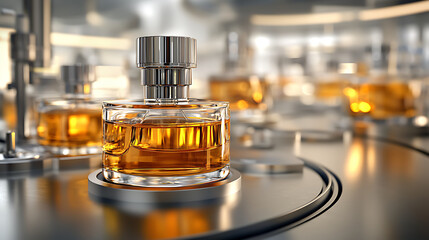 photorealistic image of perfume factory showcasing elegant glass bottles filled with amber liquid, highlighting intricate production process