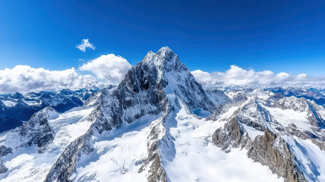 Aerial view of majestic mountain range with snow capped peaks and blue sky