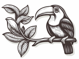 Vintage Toucan Illustration Perched on Branch with Leaves in Monochrome Style