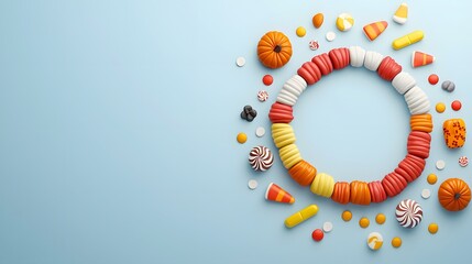 Colorful clay circle graph of favorite treats creative display food art whimsical environment overhead view for engaging visuals