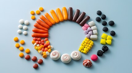 Obraz premium Colorful candy circle display food art whimsical arrangement playful environment top view creative concept