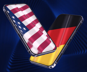 Two smartphones with waving flags of USA and Germany on the abstract blue background. The concept of communication and digital networking. 3d rendered image.