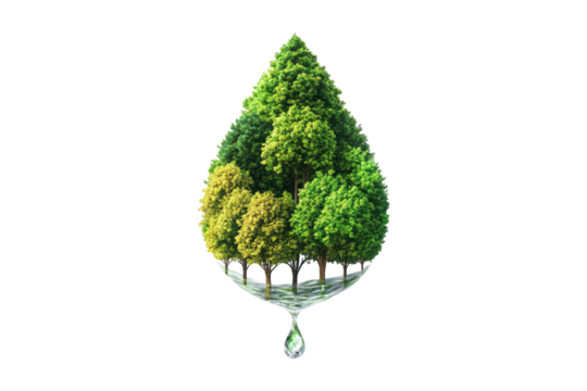 Forests inside a water droplet symbolizing environmental conservation isolated on white or transparent, PNG