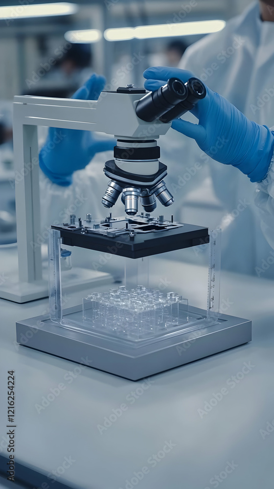 Poster scientist adjusts microscope examining samples in lab precisely and carefully with expertise
