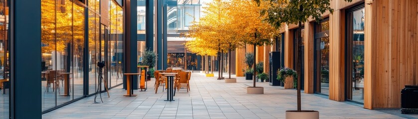 Naklejka premium Chic open-air mall featuring modern wireless charging stations for a seamless shopping experience.