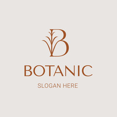 Botanic Logo. Letter B with Grass Element Concept in Elegant and Minimalist Design Style Vector Template