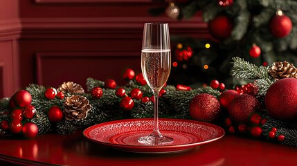 Celebrate the arrival of the New Year with sparkling champagne, festive decorations, and holiday cheer, all set against a striking red background for a joyful New Year's occasion