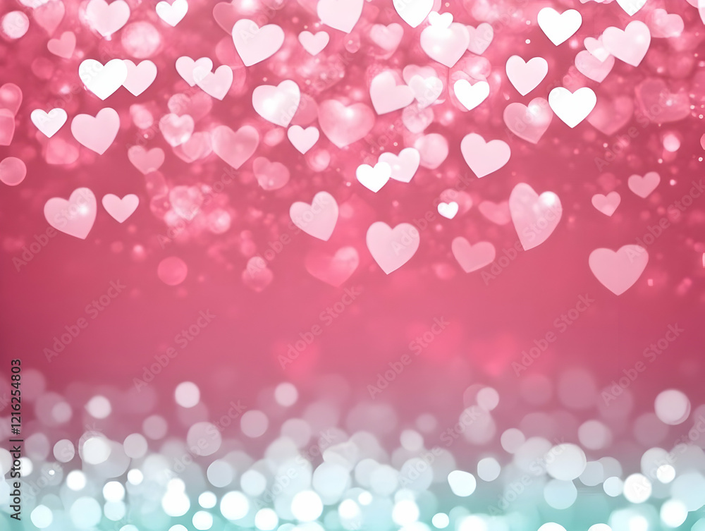 Poster abstract pink and teal background filled with floating hearts and bokeh effects.