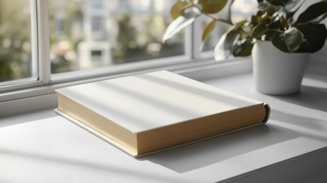White book or Dairy mock-up with a clean hardcover design on a marble surface near a window with natural lighting.