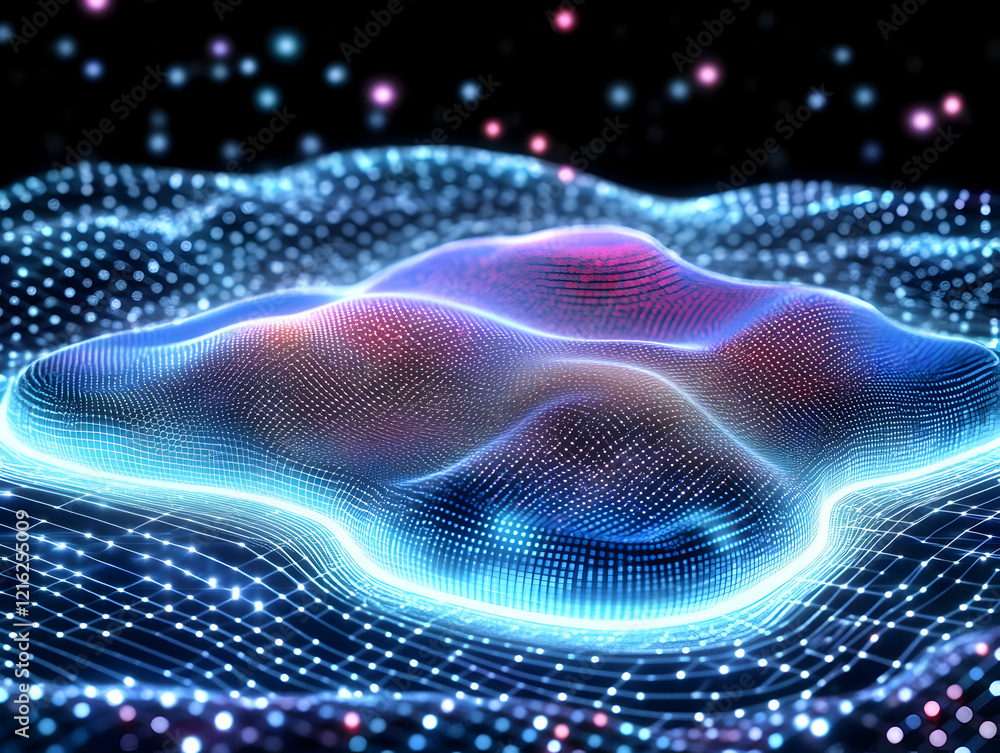 Aufkleber 3d abstract background shows glowing particles forming an amoeba-like shape on a grid